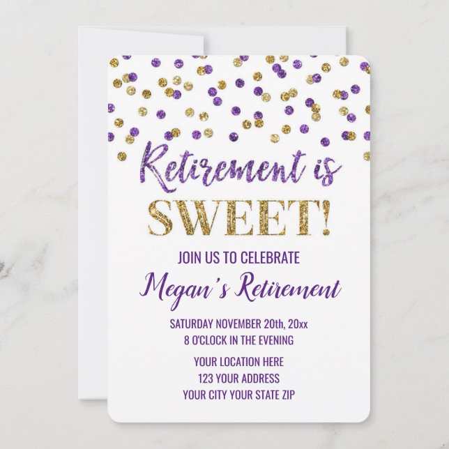 Invitación Fiesta de retiro de Purpurina Purple Gold (Reverso)