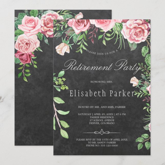 Invitación Fiesta de retiro de rosas rosadas rusas en el tabl (Anverso / Reverso)