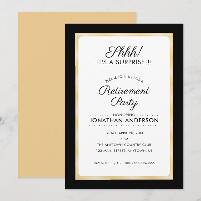 Invitación Fiesta de retiro de sorpresas | Negro y oro (Anverso / Reverso)