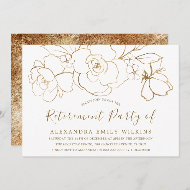 Invitación Fiesta de retiro de trabajo elegante con floral do (Anverso / Reverso)