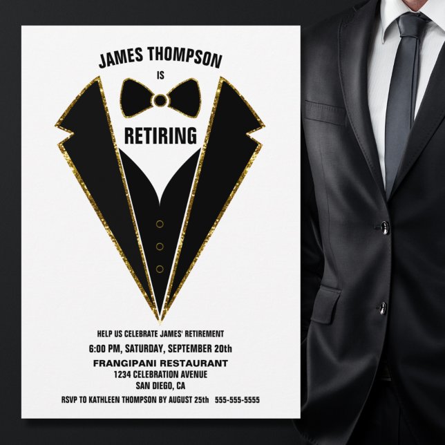 Invitación Fiesta de retiro de Tuxedo de oro negro (Subido por el creador)