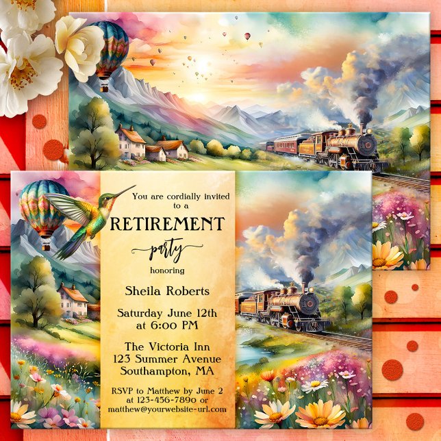 Invitación Fiesta de retiro de viaje por acuarela de tren de  (Retirement invitation showing a watercolor painting of a summer landscape with a vintage steam train)
