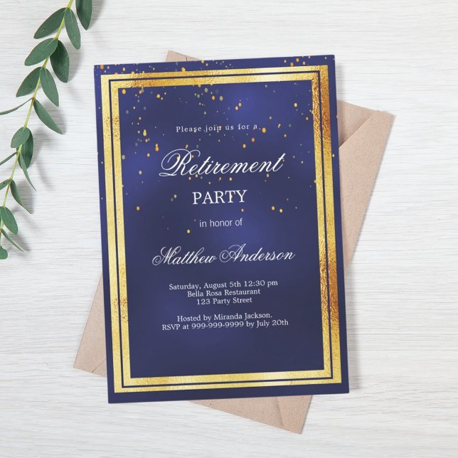 Invitación Fiesta de retiro del confeti de oro azul marino (Subido por el creador)