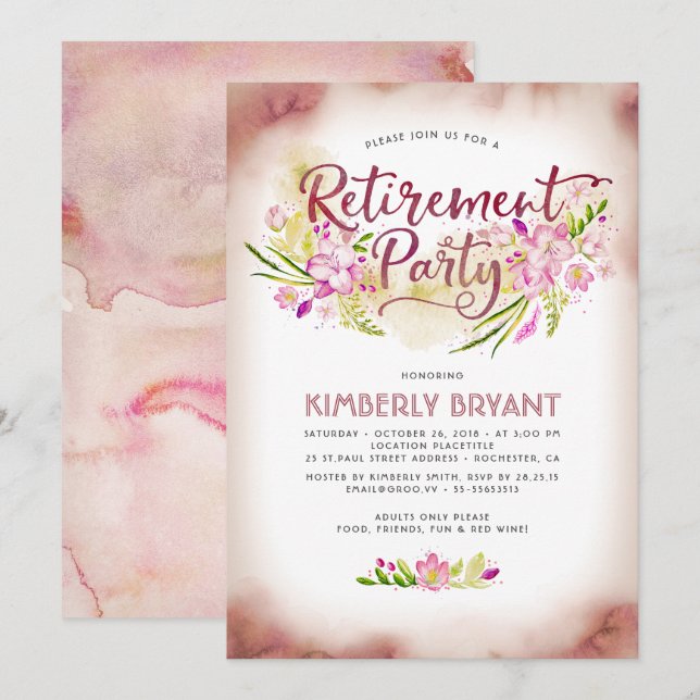 Invitación Fiesta de retiro elegante con escritura floral col (Anverso / Reverso)