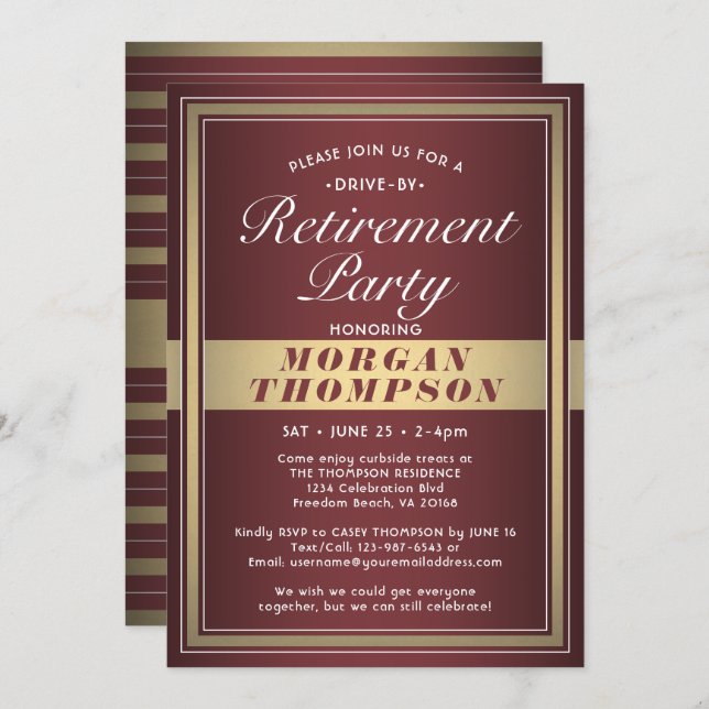Invitación Fiesta de retiro en automóvil Burgundy Red Gold Wh (Anverso / Reverso)