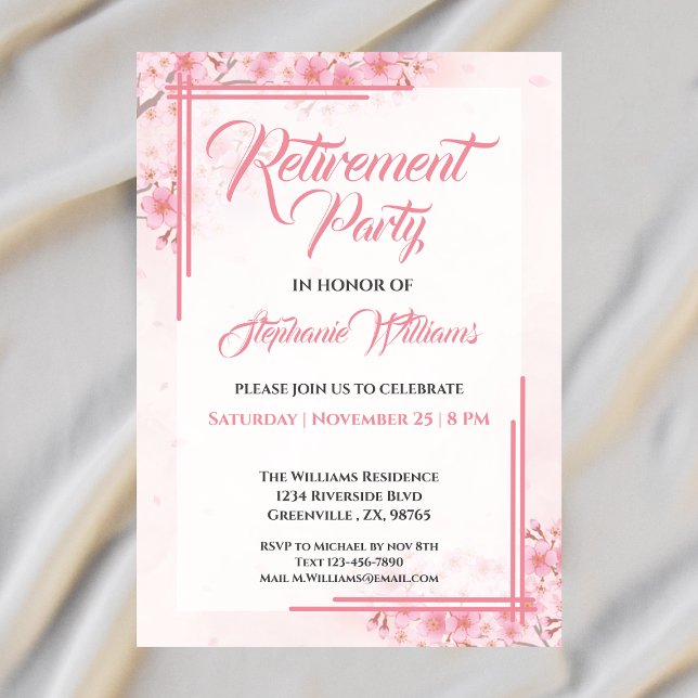 Invitación Fiesta de retiro femenina elegante floral rosa (Subido por el creador)