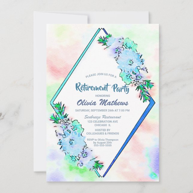 Invitación Fiesta de retiro floral azul acuarela (Anverso)