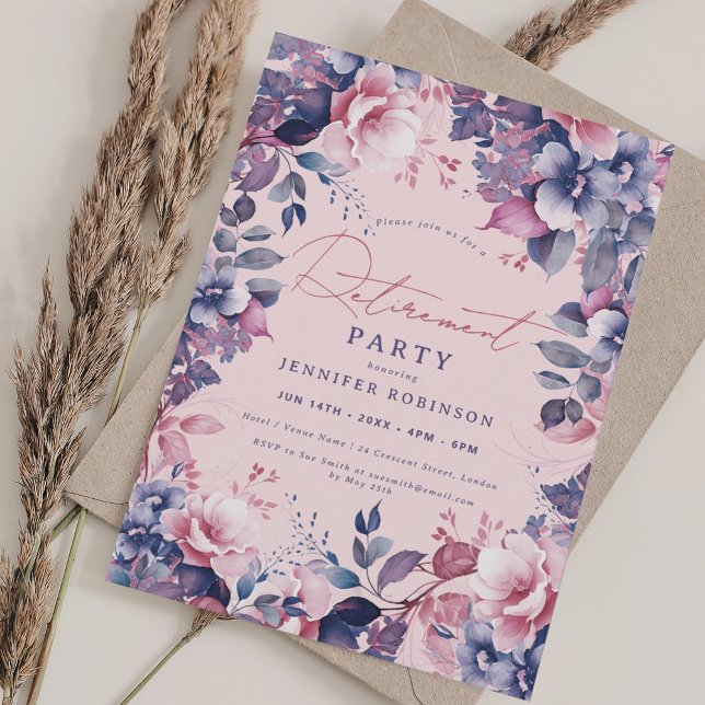 Invitación Fiesta de Retiro Floral Boho Purple Garden Rubor (Boho Purple Garden Floral Retirement Party Blush Invitation)