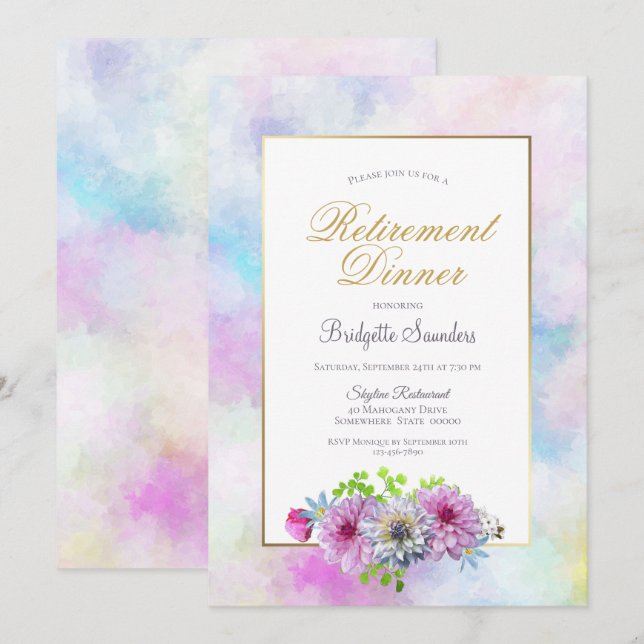 Invitación Fiesta de retiro floral con borde de acuarela (Anverso / Reverso)