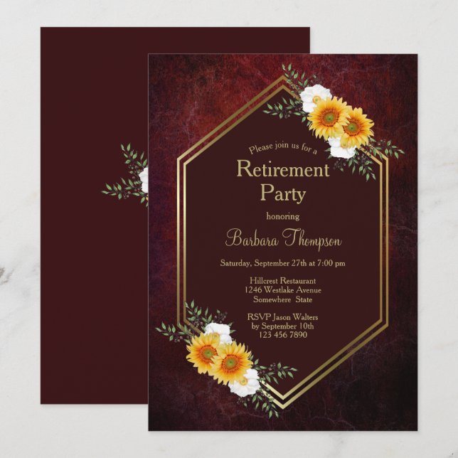 Invitación Fiesta de retiro floral de oro de Borgoña (Anverso / Reverso)