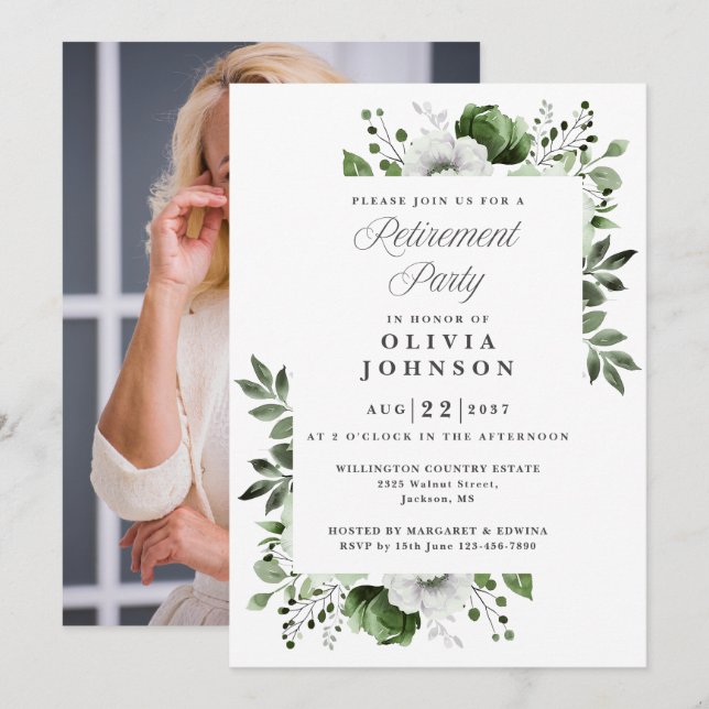 Invitación Fiesta de retiro floral elegante y verde foto (Anverso / Reverso)