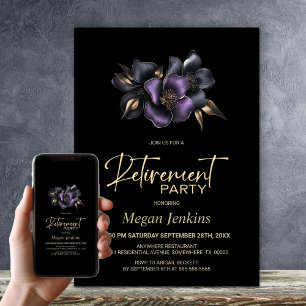 Invitación Fiesta de retiro floral gris morado negro