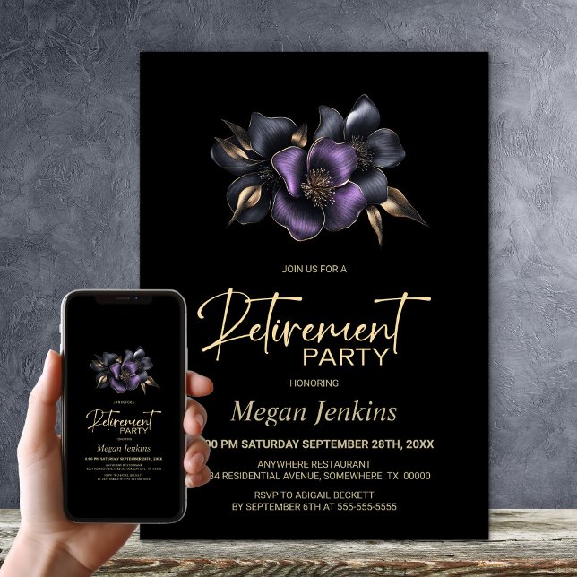 Invitación Fiesta de retiro floral gris morado negro (Subido por el creador)