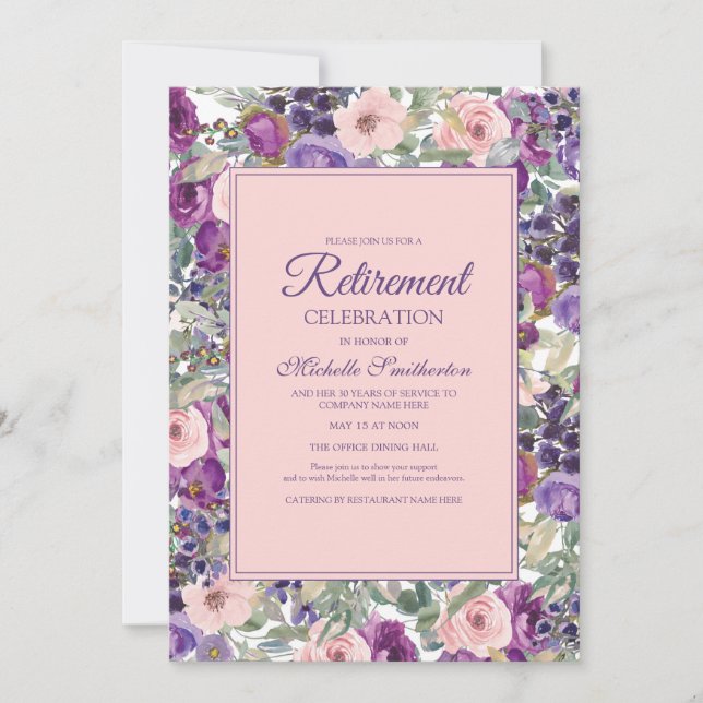 Invitación Fiesta de retiro floral morado rosado Rubor (Anverso)