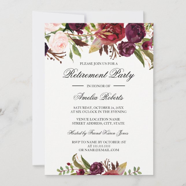 Invitación Fiesta de retiro floral rojo de Borgoña (Anverso)