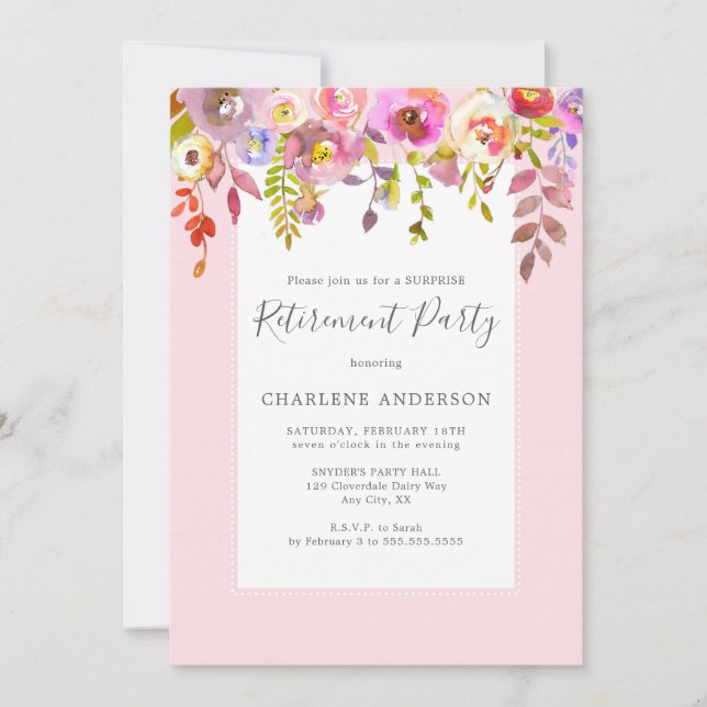Invitación fiesta de retiro floral rosa Moda (Anverso)