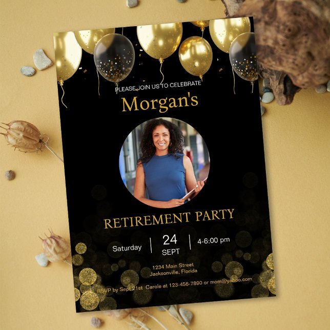 Invitación Fiesta de retiro fotográfico Globo de oro Guardar  (Photo Retirement Party Gold Balloon Save the Date Invitation)