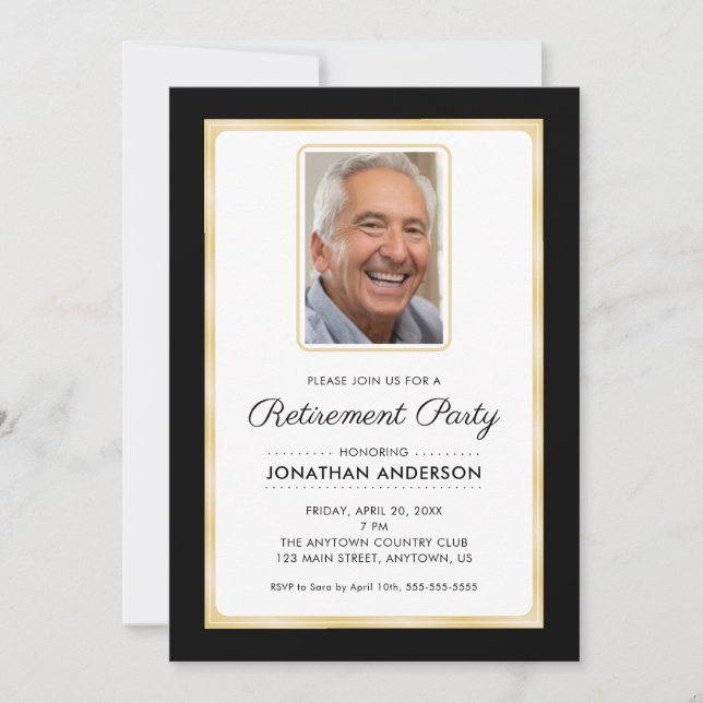Invitación Fiesta de retiro fotográfico | Negro y oro (Anverso)