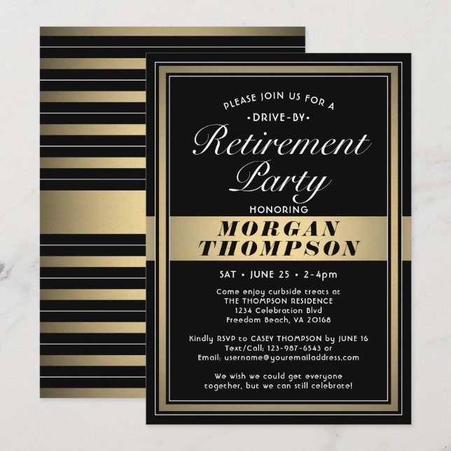 Invitación Fiesta de retiro impulsor blanco y oro negro (Anverso / Reverso)