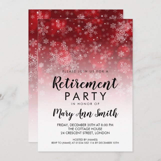 Invitación Fiesta de retiro invernal color rojo espuma rojo (Anverso / Reverso)