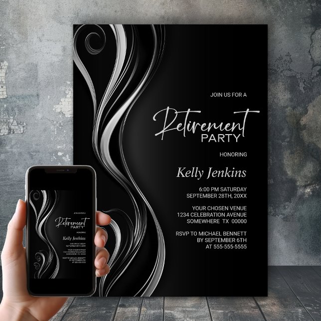 Invitación Fiesta de retiro moderno de plata negra (Subido por el creador)