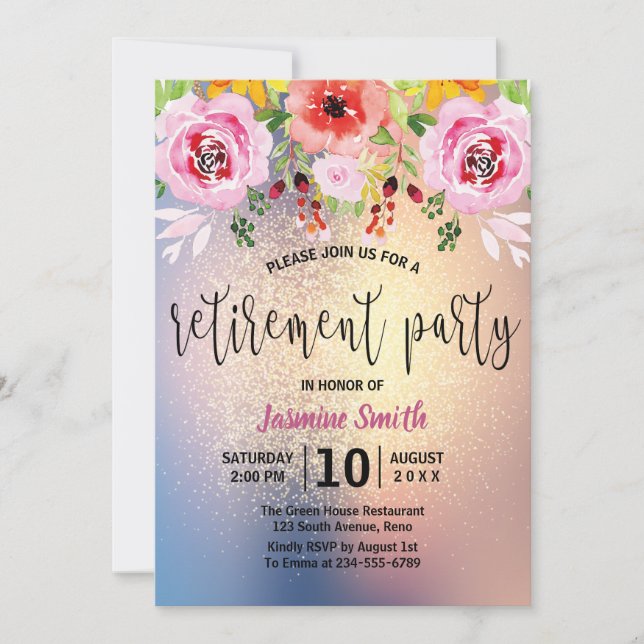 Invitación Fiesta de retiro moderno floral del purpurina del (Anverso)