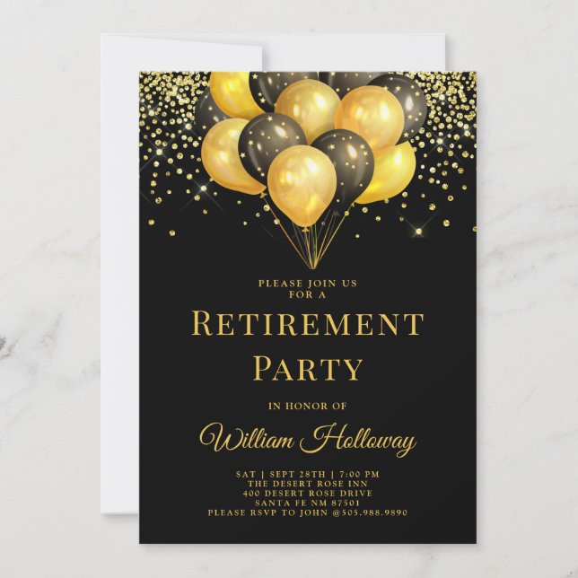 Invitación Fiesta de retiro moderno oro globos negros negro n (Anverso)