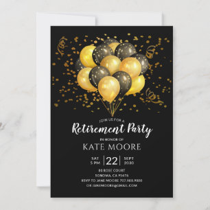 Invitación Fiesta de retiro moderno oro globos negros negro n