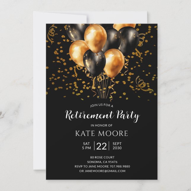 Invitación Fiesta de retiro moderno oro globos negros negro n (Anverso)