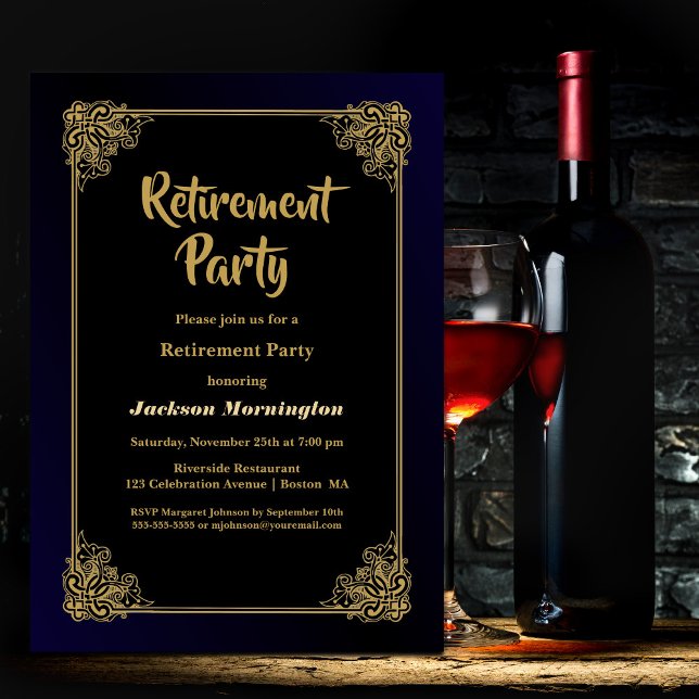 Invitación Fiesta de retiro negro con marco dorado (Subido por el creador)