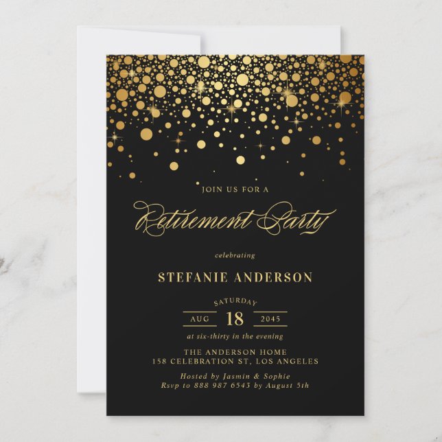 Invitación Fiesta de retiro negro de Relieve metalizado dorad (Anverso)