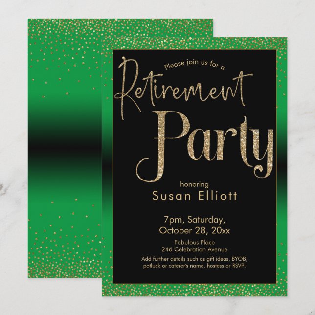 Invitación Fiesta de retiro Purpurina de oro en verde brillan (Anverso / Reverso)