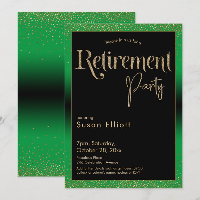 Invitación Fiesta de retiro Purpurina de oro en verde brillan (Anverso / Reverso)