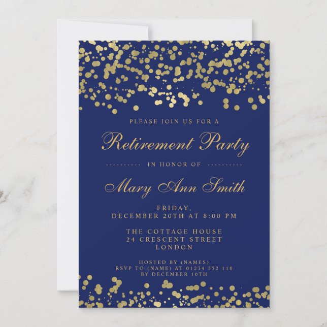 Invitación Fiesta de retiro Relieve metalizado dorado Confett (Anverso)