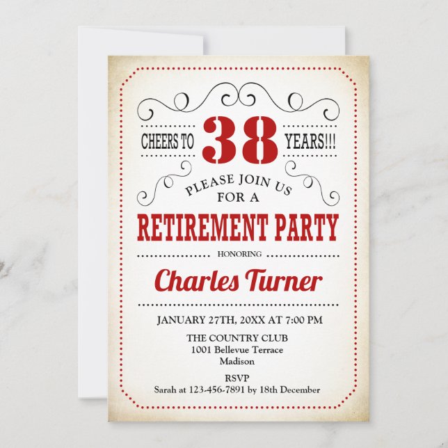 Invitación Fiesta de retiro retro - Blanco crema roja (Anverso)