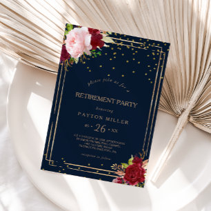 Invitación Fiesta de retiro rojo de Purpurina de oro geométri