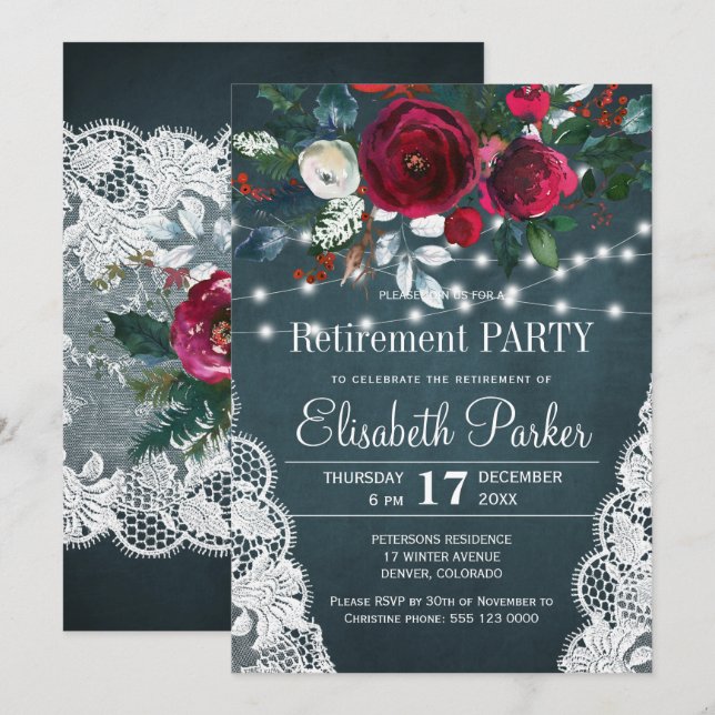 Invitación Fiesta de retiro rubio burdeos floral de invierno (Anverso / Reverso)