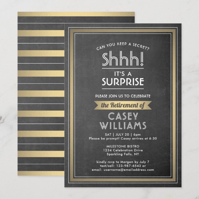 Invitación Fiesta de retiro sorpresa Elegante Chalkboard Gold (Anverso / Reverso)