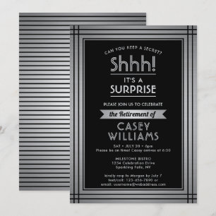 Invitación Fiesta de retiro sorpresa elegante negro plateado