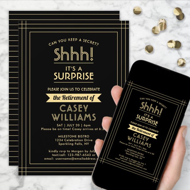 Invitación Fiesta de retiro sorpresa elegante negro y oro (Subido por el creador)