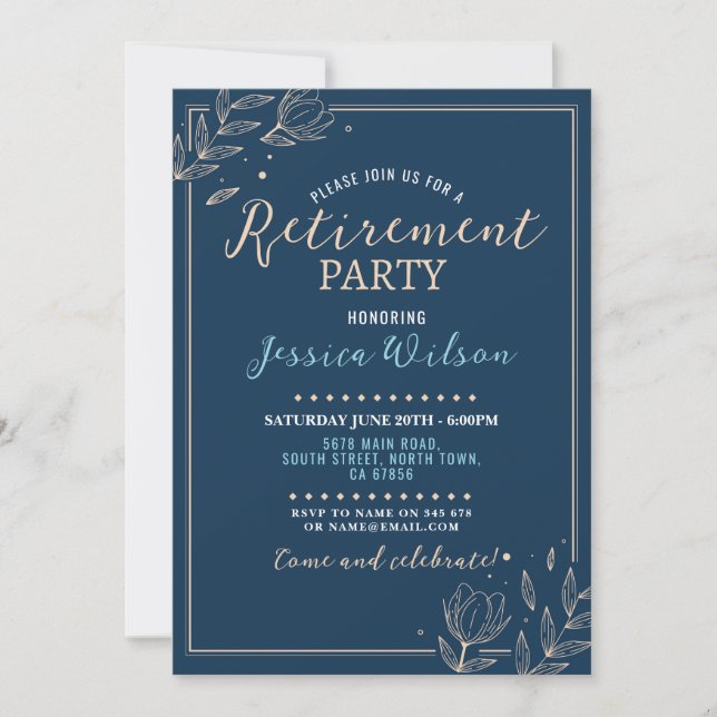 Invitación Fiesta de retiro sorpresa Floral masculina azul (Anverso)