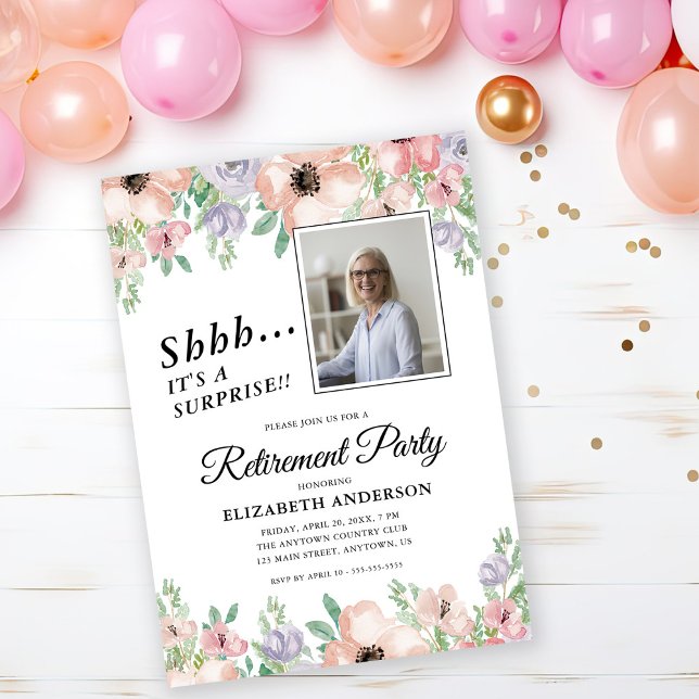 Invitación Fiesta de Retiro Sorpresa Flores Pastel Elegante (Subido por el creador)