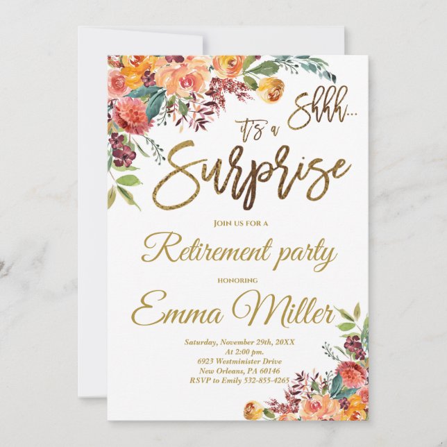 Invitación Fiesta de retiro sorpresa, retirada floral de MINT (Anverso)