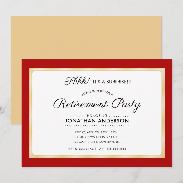 Invitación Fiesta de retiro sorpresa Rojo horizontal y Oro (Anverso / Reverso)