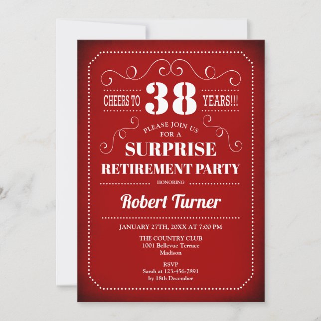 Invitación Fiesta de retiro sorpresa - Rojo y Blanco (Anverso)