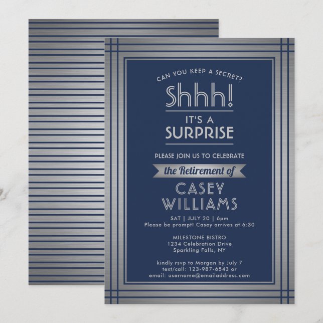 Invitación ¡Fiesta de Retiro Sorpresa Shhh! Azul marino elega (Anverso / Reverso)
