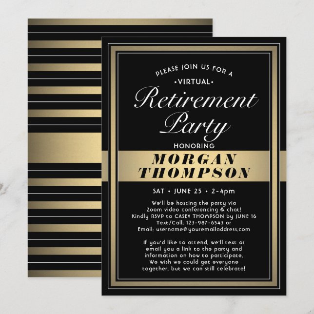 Invitación Fiesta de retiro virtual blanco negro y oro (Anverso / Reverso)
