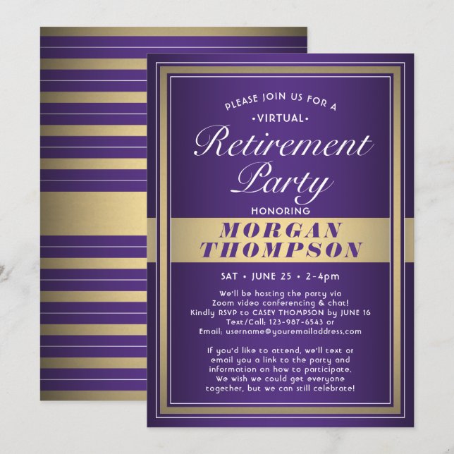 Invitación Fiesta de retiro virtual morado blanco y oro (Anverso / Reverso)