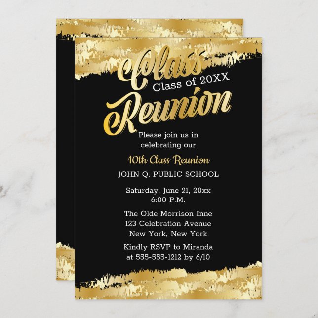 Invitación Fiesta de Reunión de Clase Moderna Gold Tone (Anverso / Reverso)