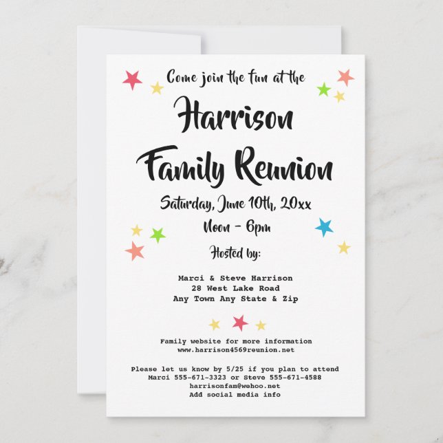 Invitación Fiesta de reunión familiar de estrellas divertidas (Anverso)